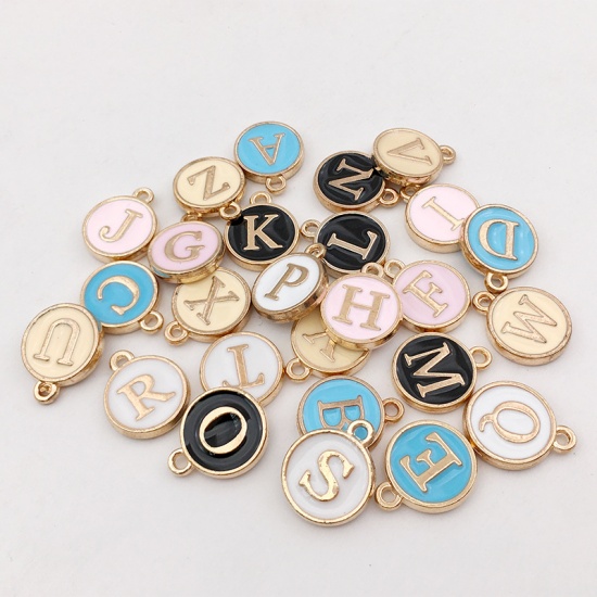 Picture of Zinc Based Alloy Charms Mixed Gold Plated Champagne Initial Alphabet/ Capital Letter Enamel 12mm Dia., 1 Set ( 26 PCs/Set)