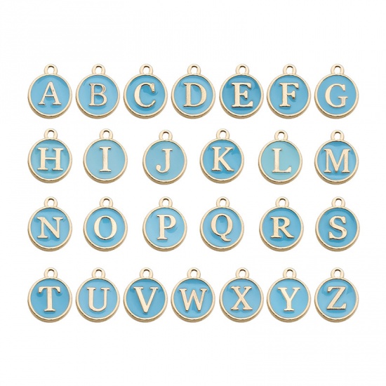 Picture of Zinc Based Alloy Charms Mixed Gold Plated Blue Initial Alphabet/ Capital Letter Enamel 12mm Dia., 1 Set ( 26 PCs/Set)