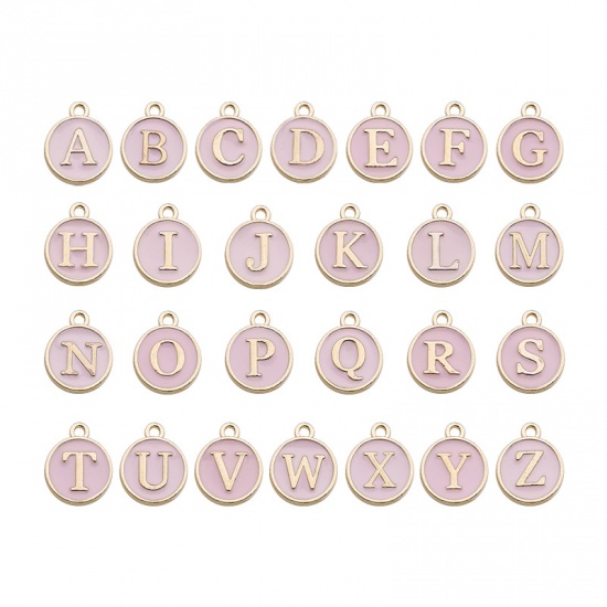 Picture of Zinc Based Alloy Charms Mixed Gold Plated Pink Initial Alphabet/ Capital Letter Enamel 12mm Dia., 1 Set ( 26 PCs/Set)
