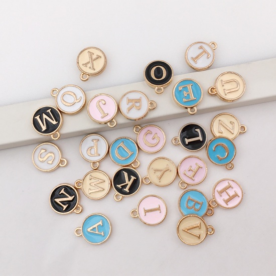 Picture of Zinc Based Alloy Charms Mixed Gold Plated Pink Initial Alphabet/ Capital Letter Enamel 12mm Dia., 1 Set ( 26 PCs/Set)