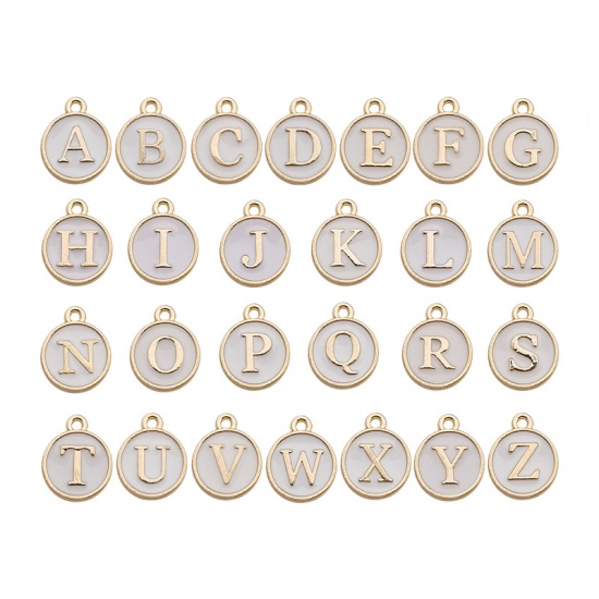 Picture of Zinc Based Alloy Charms Mixed Gold Plated White Initial Alphabet/ Capital Letter Enamel 12mm Dia., 1 Set ( 26 PCs/Set)
