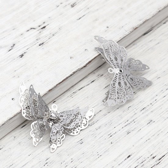 Picture of Brass Insect Pendants Silver Tone Butterfly Animal Filigree Stamping Clear Rhinestone 34mm x 27mm, 5 PCs                                                                                                                                                      
