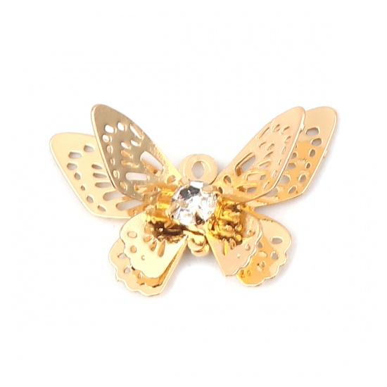 Immagine di Brass Insect Charms Gold Plated Butterfly Animal Filigree Stamping Clear Rhinestone 20mm x 13mm, 5 PCs