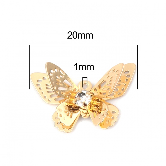 Immagine di Brass Insect Charms Gold Plated Butterfly Animal Filigree Stamping Clear Rhinestone 20mm x 13mm, 5 PCs