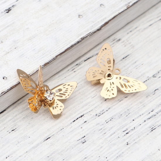 Immagine di Brass Insect Charms Gold Plated Butterfly Animal Filigree Stamping Clear Rhinestone 20mm x 13mm, 5 PCs