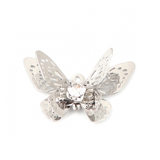 Immagine di Brass Insect Charms Silver Tone Butterfly Animal Filigree Stamping Clear Rhinestone 20mm x 13mm, 5 PCs