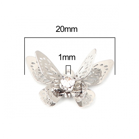 Immagine di Brass Insect Charms Silver Tone Butterfly Animal Filigree Stamping Clear Rhinestone 20mm x 13mm, 5 PCs