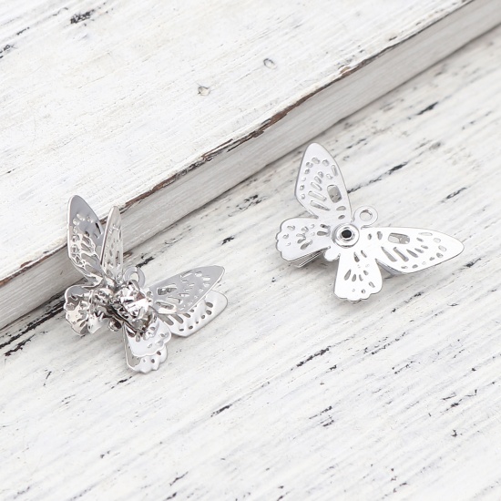 Immagine di Brass Insect Charms Silver Tone Butterfly Animal Filigree Stamping Clear Rhinestone 20mm x 13mm, 5 PCs