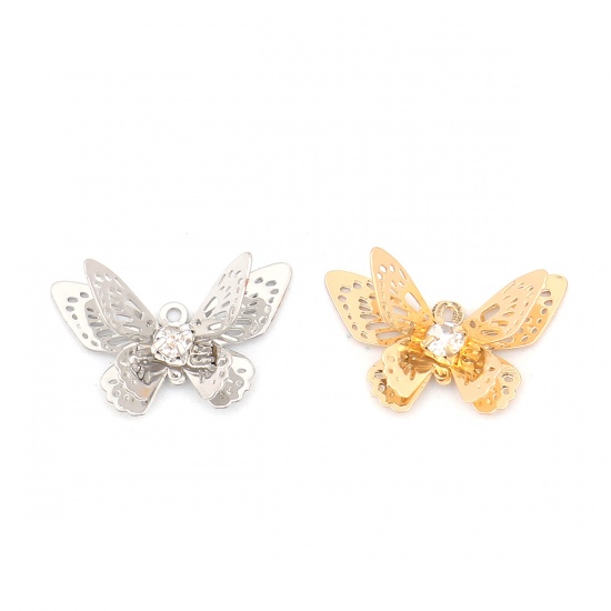 Immagine di Brass Insect Charms Silver Tone Butterfly Animal Filigree Stamping Clear Rhinestone 20mm x 13mm, 5 PCs