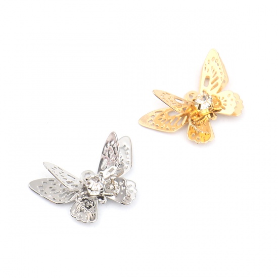 Immagine di Brass Insect Charms Silver Tone Butterfly Animal Filigree Stamping Clear Rhinestone 20mm x 13mm, 5 PCs