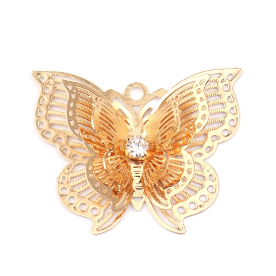 Bild von Messing Insekt Anhänger Schmetterling Vergoldet Filigran Stempel Verzierung Transparent Strass 30mm x 24mm, 5 Stück