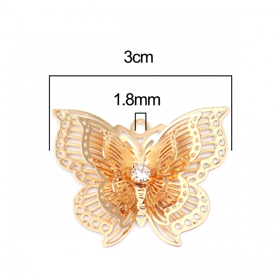 Bild von Messing Insekt Anhänger Schmetterling Vergoldet Filigran Stempel Verzierung Transparent Strass 30mm x 24mm, 5 Stück