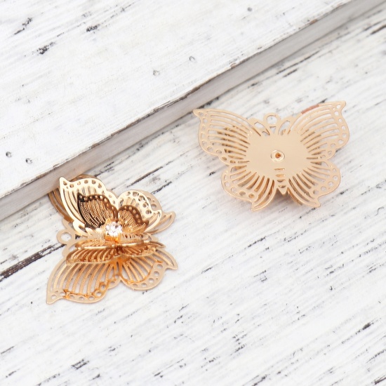 Bild von Messing Insekt Anhänger Schmetterling Vergoldet Filigran Stempel Verzierung Transparent Strass 30mm x 24mm, 5 Stück