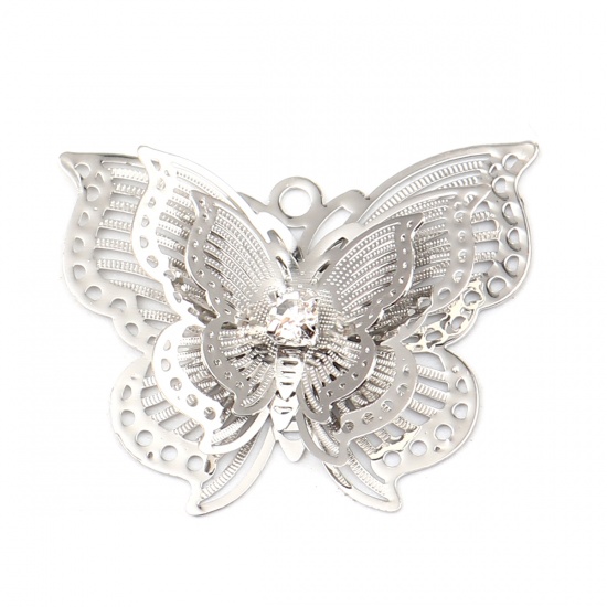 Bild von Messing Insekt Anhänger Schmetterling Silberfarbe Filigran Stempel Verzierung Transparent Strass 30mm x 24mm, 5 Stück