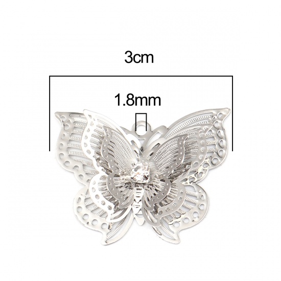Bild von Messing Insekt Anhänger Schmetterling Silberfarbe Filigran Stempel Verzierung Transparent Strass 30mm x 24mm, 5 Stück