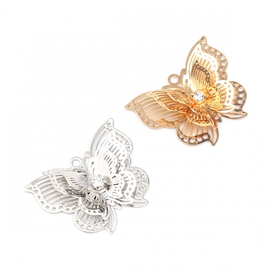 Bild von Messing Insekt Anhänger Schmetterling Silberfarbe Filigran Stempel Verzierung Transparent Strass 30mm x 24mm, 5 Stück