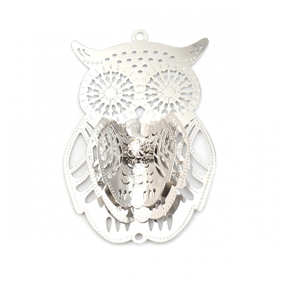 Image de Pendentifs Estampe en Filigrane en Laiton Hibou Argent Mat à Strass Transparent 54mm x 35mm, 3 Pcs