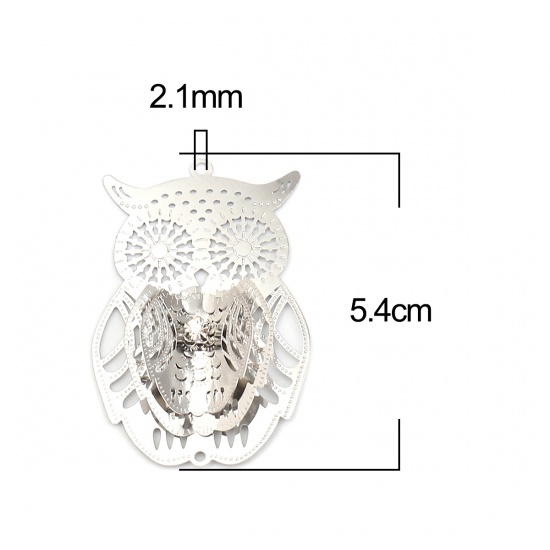 Image de Pendentifs Estampe en Filigrane en Laiton Hibou Argent Mat à Strass Transparent 54mm x 35mm, 3 Pcs