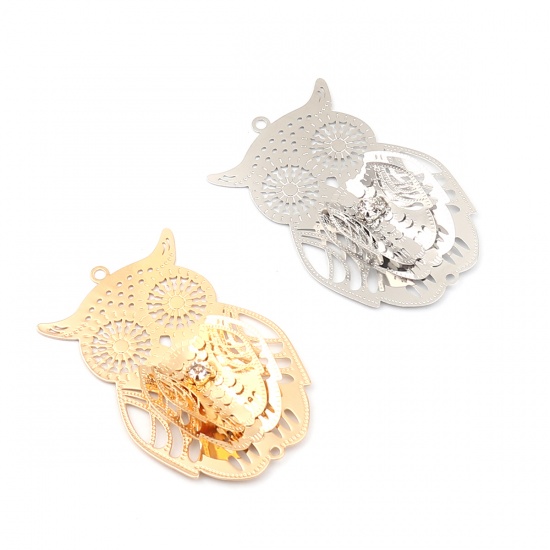 Image de Pendentifs Estampe en Filigrane en Laiton Hibou Argent Mat à Strass Transparent 54mm x 35mm, 3 Pcs