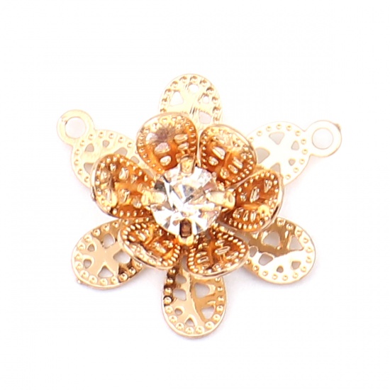 Picture of Brass Filigree Stamping Connectors Flower Gold Plated Clear Rhinestone 15mm x 15mm, 5 PCs                                                                                                                                                                     