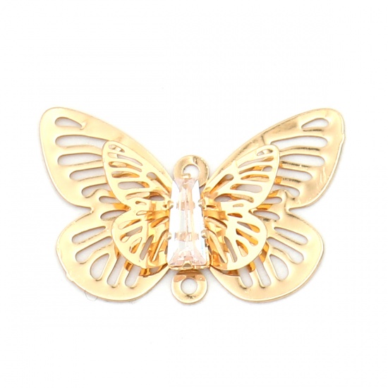 Imagen de Copper Insect Charms Gold Plated Butterfly Animal Filigree Stamping Clear Rhinestone 24mm x 15mm, 5 PCs