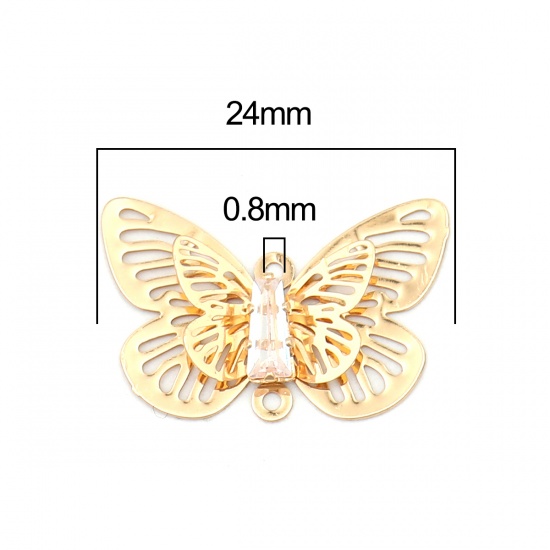 Imagen de Copper Insect Charms Gold Plated Butterfly Animal Filigree Stamping Clear Rhinestone 24mm x 15mm, 5 PCs