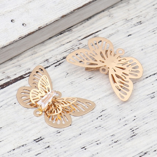Imagen de Copper Insect Charms Gold Plated Butterfly Animal Filigree Stamping Clear Rhinestone 24mm x 15mm, 5 PCs