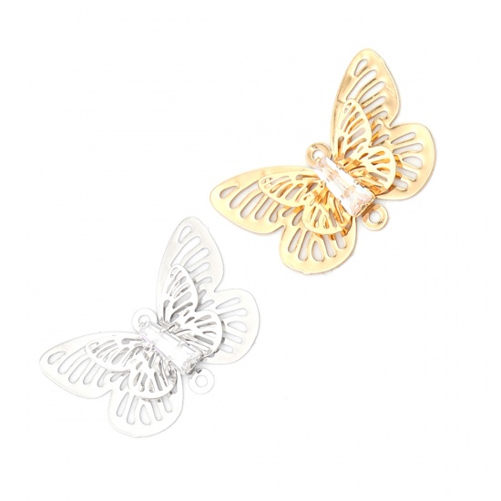 Imagen de Copper Insect Charms Gold Plated Butterfly Animal Filigree Stamping Clear Rhinestone 24mm x 15mm, 5 PCs