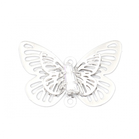 Imagen de Copper Insect Charms Silver Tone Butterfly Animal Filigree Stamping Clear Rhinestone 24mm x 15mm, 5 PCs