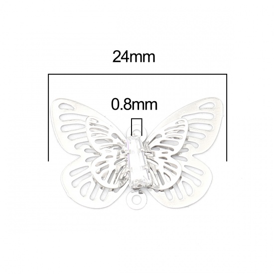 Imagen de Copper Insect Charms Silver Tone Butterfly Animal Filigree Stamping Clear Rhinestone 24mm x 15mm, 5 PCs