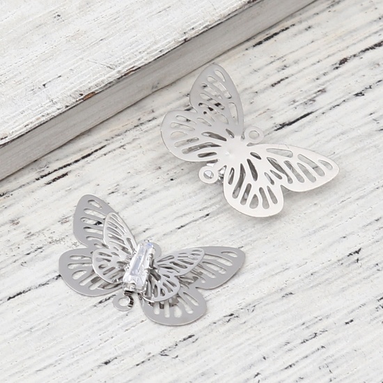 Imagen de Copper Insect Charms Silver Tone Butterfly Animal Filigree Stamping Clear Rhinestone 24mm x 15mm, 5 PCs
