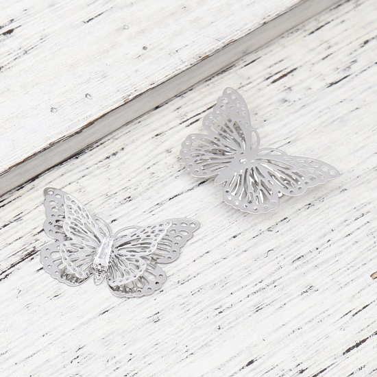 Picture of Brass Insect Connectors Butterfly Animal Silver Tone Filigree Stamping Clear Rhinestone 33mm x 22mm, 5 PCs                                                                                                                                                    