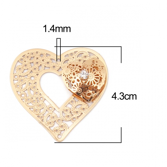 Picture of Brass Valentine's Day Connectors Heart Gold Plated Filigree Stamping Clear Rhinestone 43mm x 43mm, 3 PCs                                                                                                                                                      