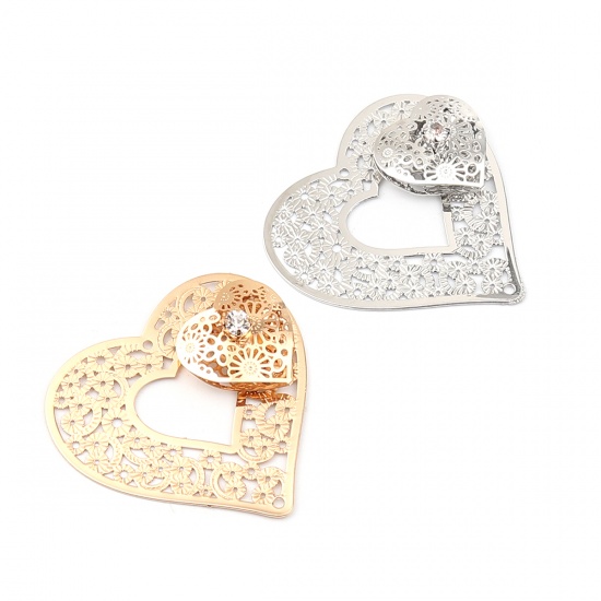 Picture of Brass Valentine's Day Connectors Heart Gold Plated Filigree Stamping Clear Rhinestone 43mm x 43mm, 3 PCs                                                                                                                                                      