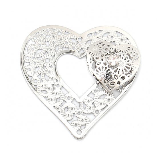 Picture of Brass Valentine's Day Connectors Heart Silver Tone Filigree Stamping Clear Rhinestone 43mm x 43mm, 3 PCs                                                                                                                                                      