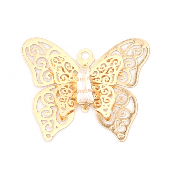 Image de Breloques Insecte en Laiton Papillon Doré Estampe en Filigrane à Strass Transparent 26mm x 22mm, 5 Pcs