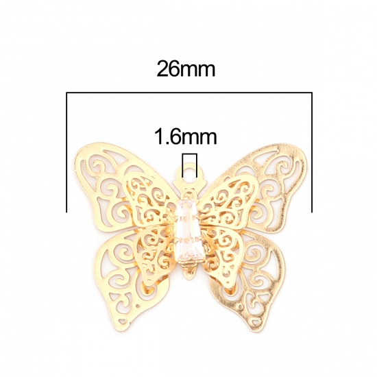 Image de Breloques Insecte en Laiton Papillon Doré Estampe en Filigrane à Strass Transparent 26mm x 22mm, 5 Pcs