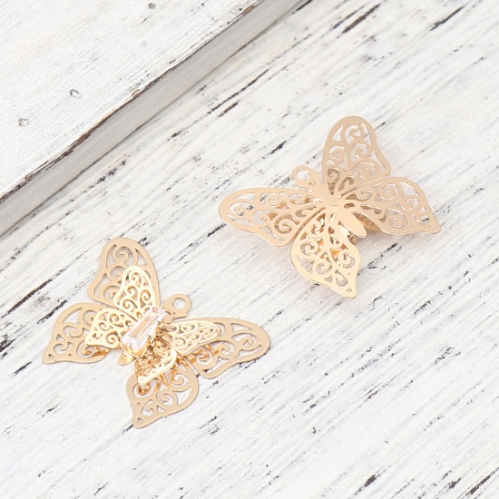 Image de Breloques Insecte en Laiton Papillon Doré Estampe en Filigrane à Strass Transparent 26mm x 22mm, 5 Pcs