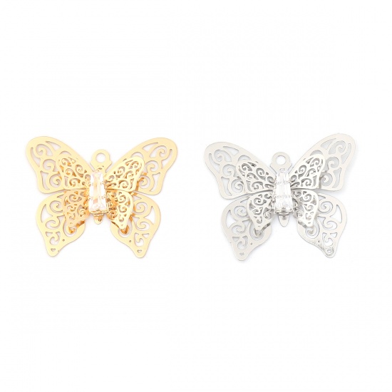 Image de Breloques Insecte en Laiton Papillon Doré Estampe en Filigrane à Strass Transparent 26mm x 22mm, 5 Pcs