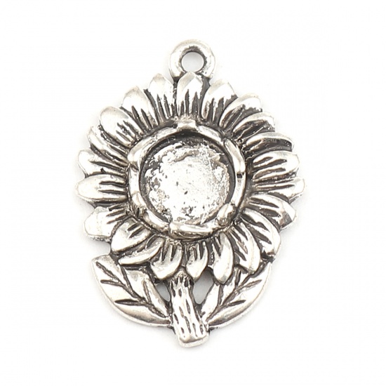Immagine di Zinc Based Alloy Cabochon Settings Charms Sunflower Antique Silver Color (Fits 8mm Dia.) 29mm x 21mm, 10 PCs