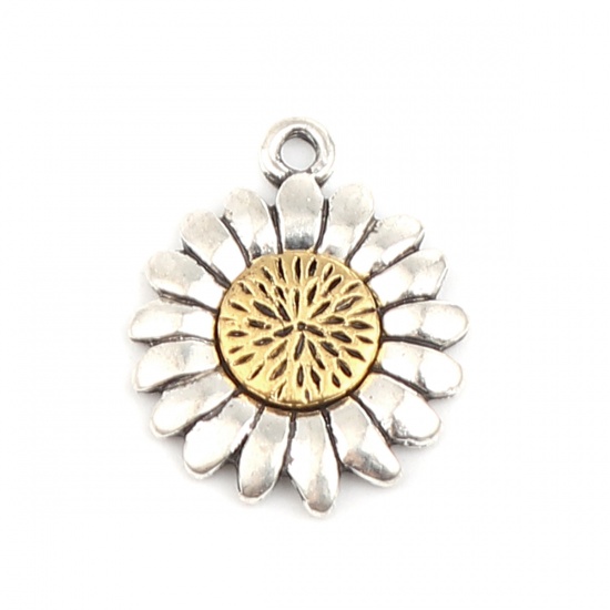 Picture of Zinc Based Alloy Charms Gold Tone Antique Gold & Antique Silver Color Two Tone Sunflower 23mm x 19mm, 10 PCs