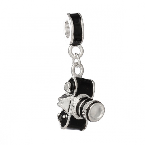 Picture of European Style Large Hole Charm Dangle Beads Travel Camera Silver Plated Black Enamel 34mm(1 3/8") x 10mm( 3/8"), 5 PCs
