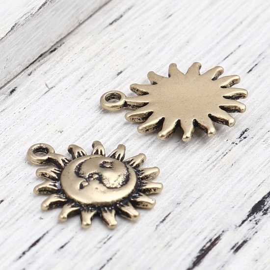 Picture of Zinc Based Alloy Galaxy Charms Gold Tone Antique Gold Sun Face 21mm x 17mm, 10 PCs