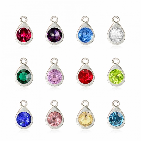 Picture of Zinc Based Alloy & Glass Birthstone Charms Drop January Silver Tone Dark Red 11mm x 7mm, 10 PCs