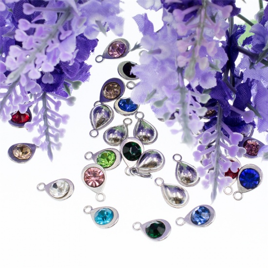 Picture of Zinc Based Alloy & Glass Birthstone Charms Drop February Silver Tone Purple 11mm x 7mm, 10 PCs