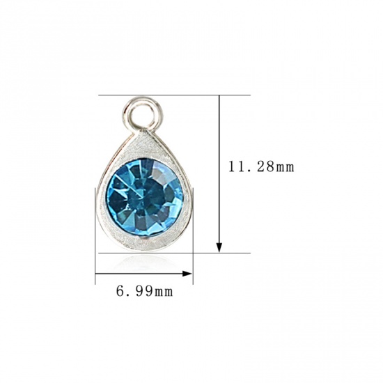 Picture of Zinc Based Alloy & Glass Birthstone Charms Drop April Silver Tone Transparent Clear 11mm x 7mm, 10 PCs