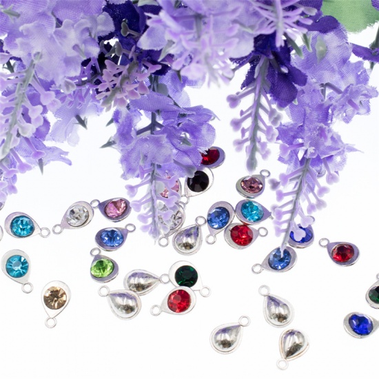 Picture of Zinc Based Alloy & Glass Birthstone Charms Drop April Silver Tone Transparent Clear 11mm x 7mm, 10 PCs