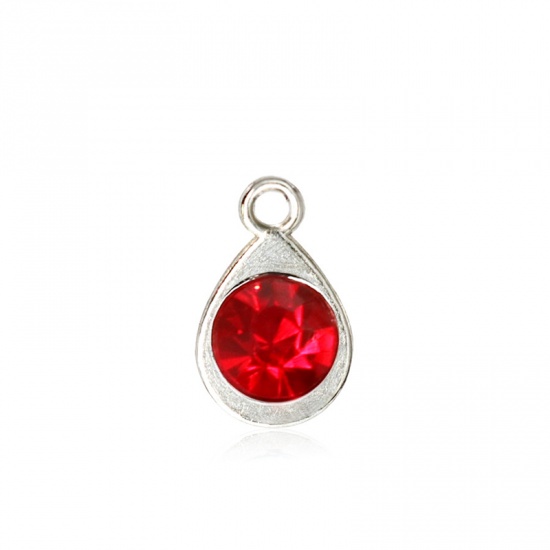 Picture of Zinc Based Alloy & Glass Birthstone Charms Drop July Silver Tone Red 11mm x 7mm, 10 PCs