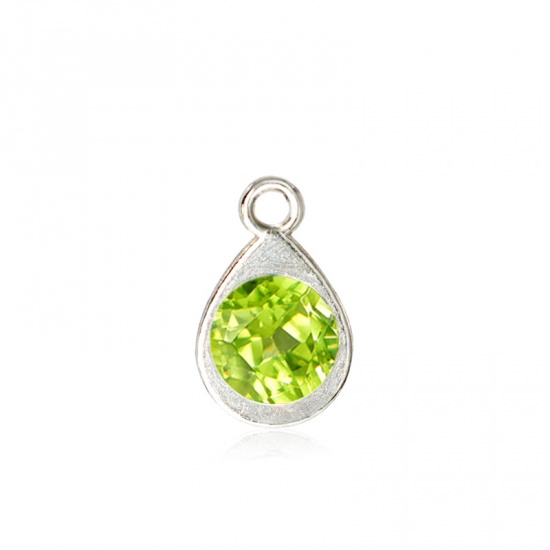 Picture of Zinc Based Alloy & Glass Birthstone Charms Drop August Silver Tone Light Green 11mm x 7mm, 10 PCs