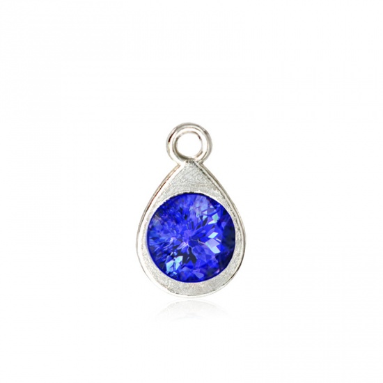 Immagine di Zinc Based Alloy & Glass Birthstone Charms Drop September Silver Tone Dark Blue 11mm x 7mm, 10 PCs